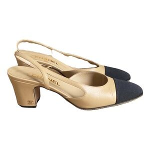 CHANEL Beige and Black Slingback Heels